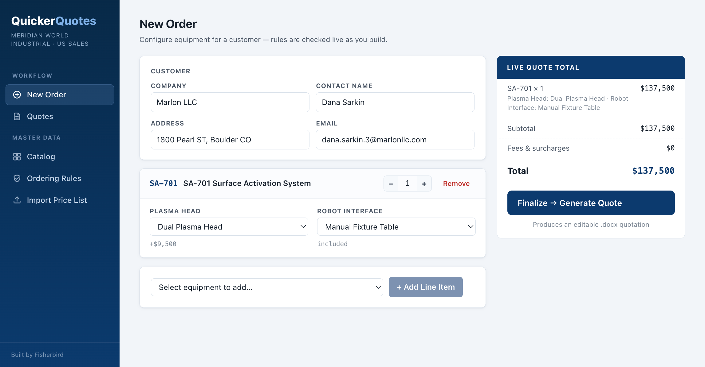 The QuickerQuotes order builder: a live quote total updates as equipment and options are configured.