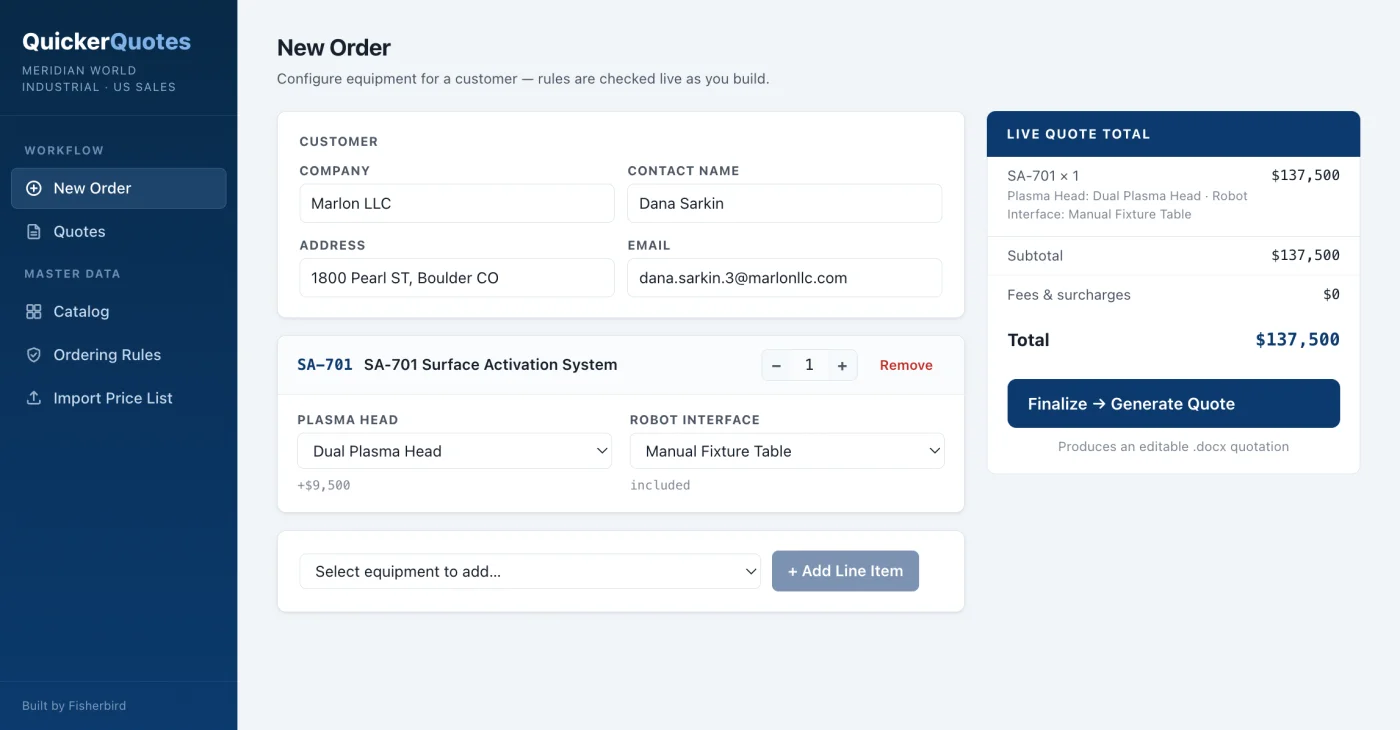 The demo's order builder: a live quote total updates as equipment and options are configured.