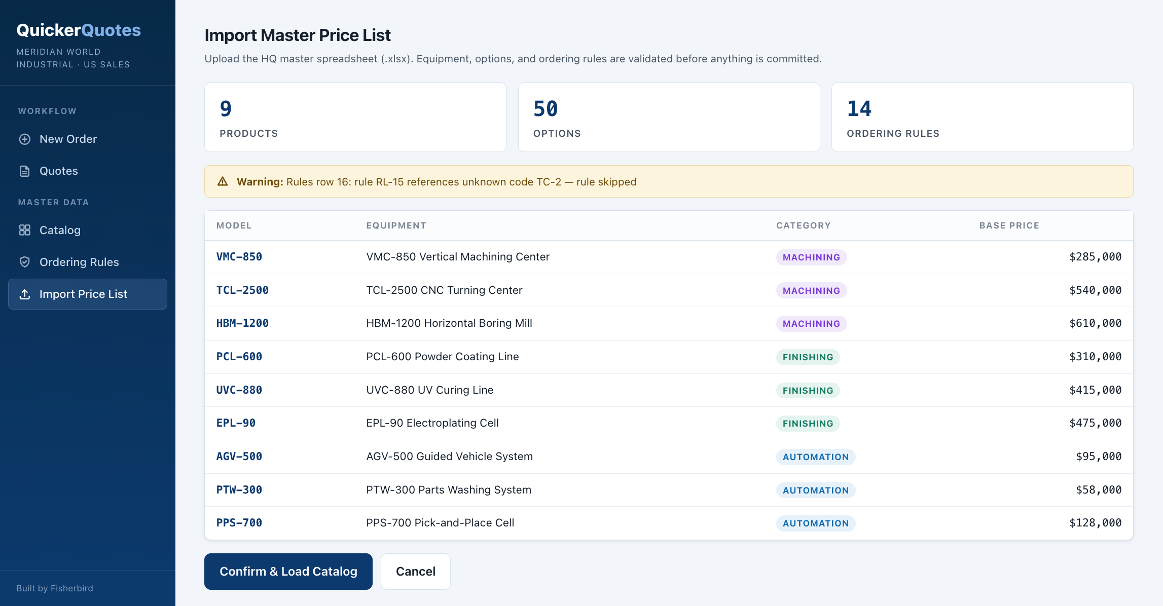The Import Master Price List screen validating a catalog of nine products, fifty options, and fourteen ordering rules, with a warning for a rule that references an unknown code.