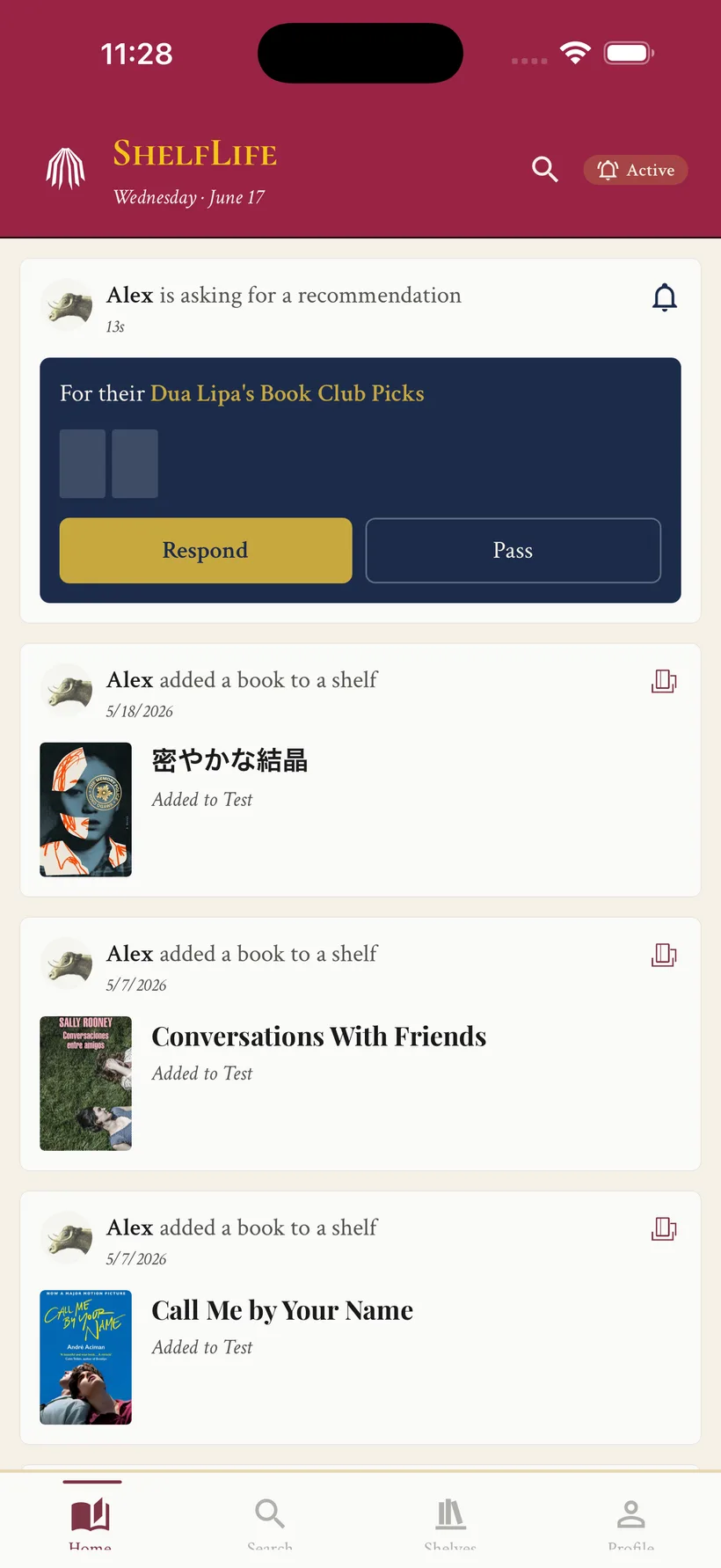 ShelfLife home feed showing friends’ recent shelf activity and a Book Signal asking for a recommendation