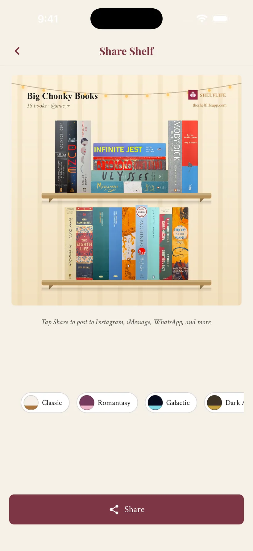 ShelfLife share-shelf screen — a themed bookcase titled “Big Chonky Books” ready to post to Instagram or iMessage