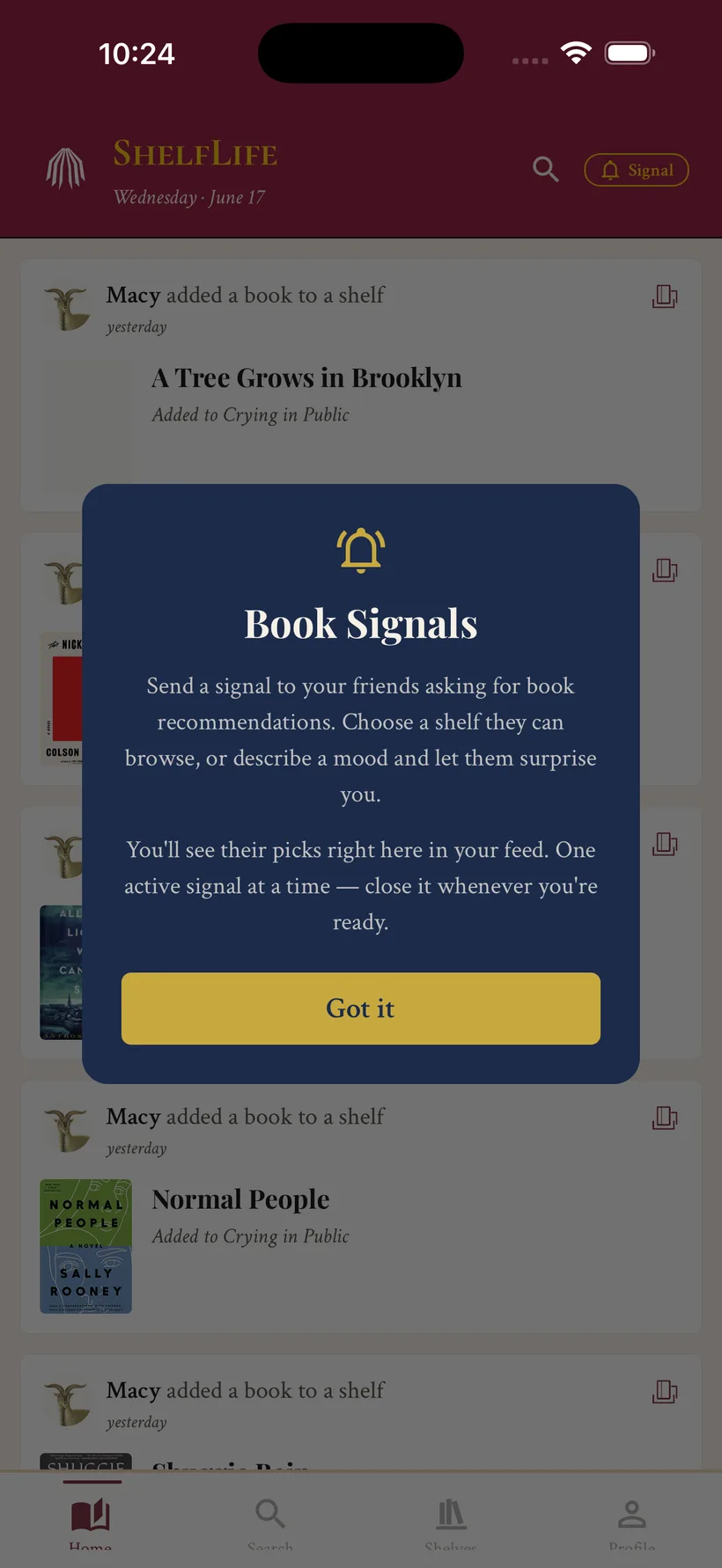 ShelfLife Book Signals explainer — ask friends for book recommendations by picking a shelf or describing a mood