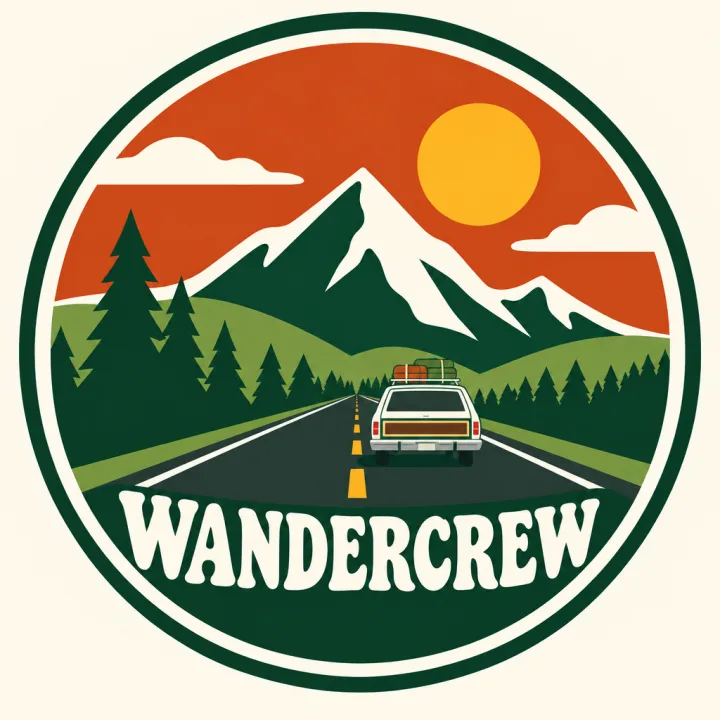 The WanderCrew badge: a station wagon on a mountain highway under an orange sky.